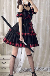 BXOXO - Black/Red Plaid Print Color Contrast Leather Buckle Bowknot Ruffle Gothic Lolita JSK Dress